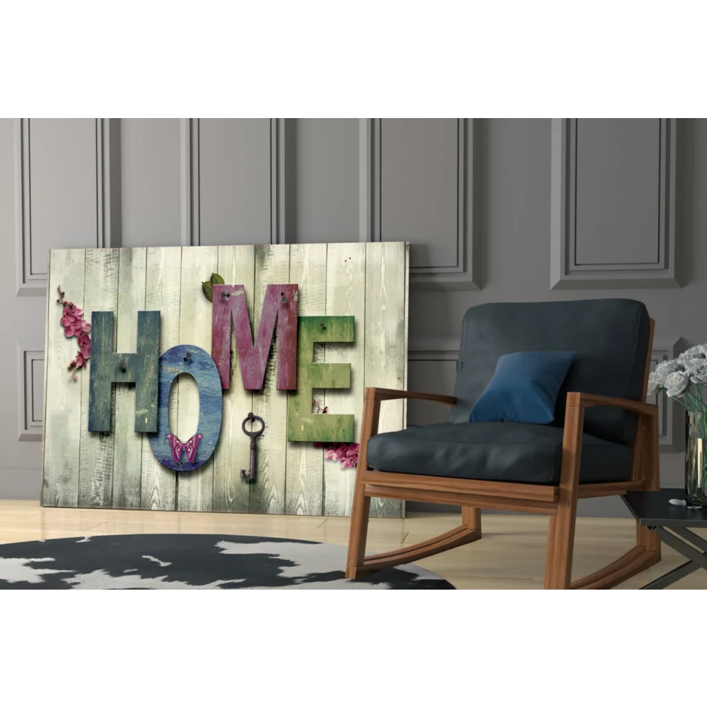 Rustic wooden wall art with Home in colorful letters, key, butterflies