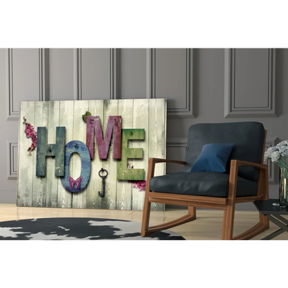 Rustic wooden wall art with Home in colorful letters, key, butterflies
