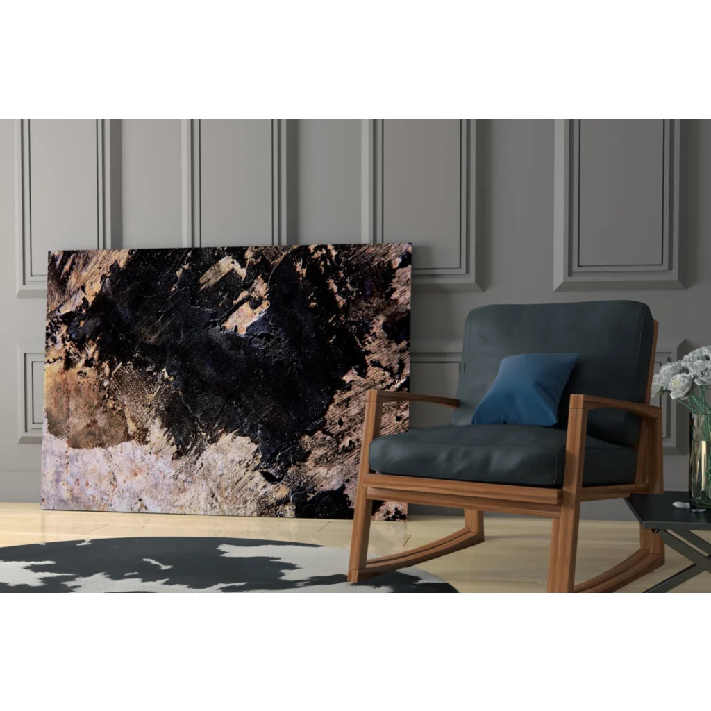 Modern bold abstract textured canvas wall art in black brown beige tones on paneled wall