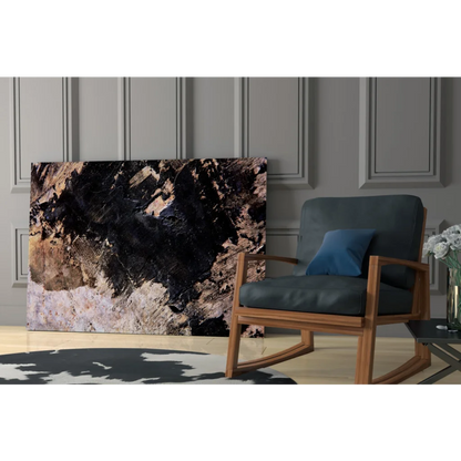 Modern bold abstract textured canvas wall art in black brown beige tones on paneled wall