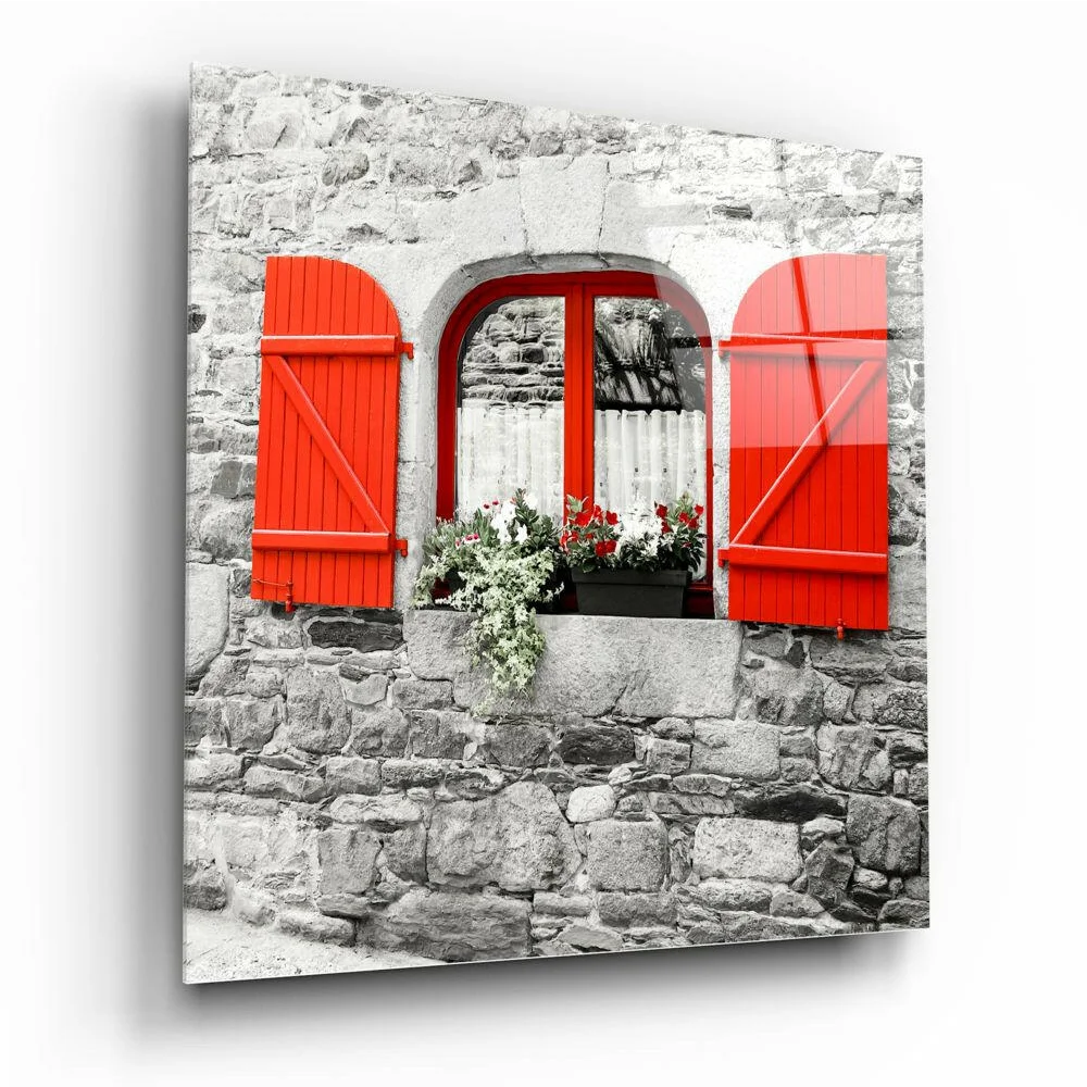 Rustic red wooden shutters with flower box on stone wall art