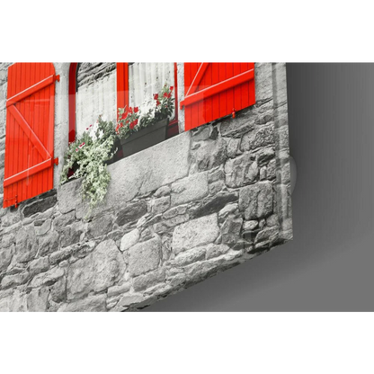 Rustic red wooden shutters on stone wall with flower box wall art