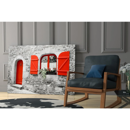 Rustic red stone arched window wall art print with wood frame