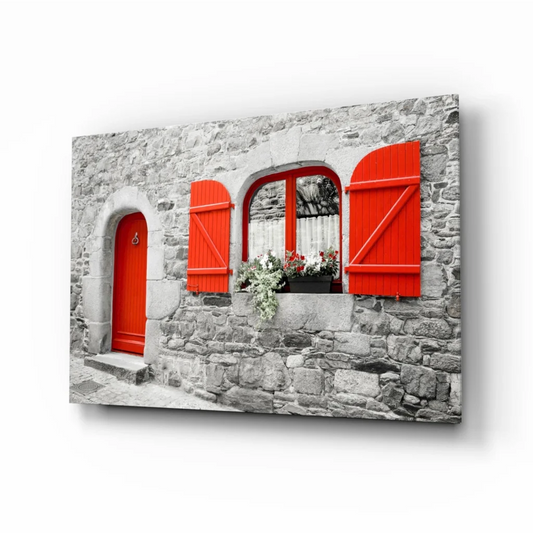 Rustic red stone wall art with arched windows and floral shutters