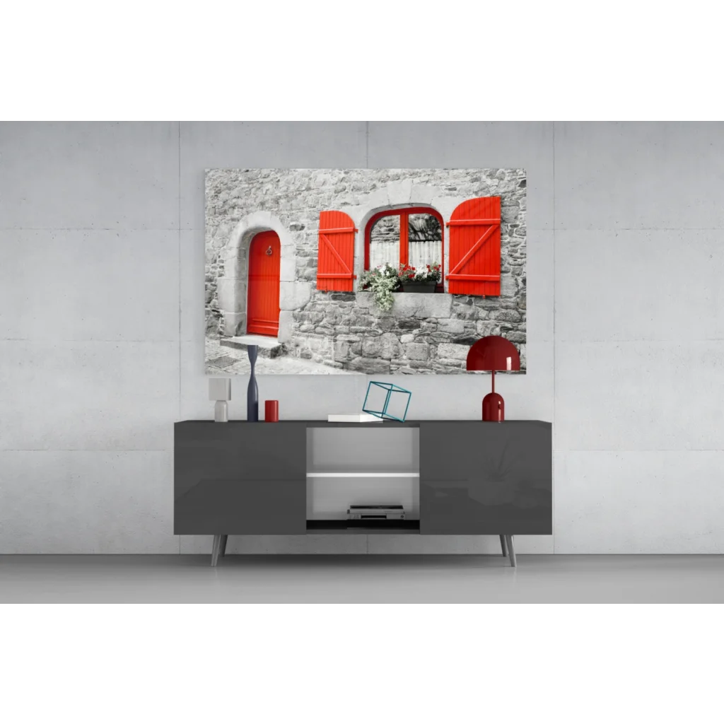 Modern gray sideboard with red accents under Rustic Red Stone Arched Window wall art