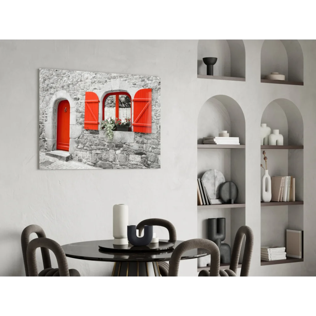 Rustic red stone arched window wall art with shutters and balcony