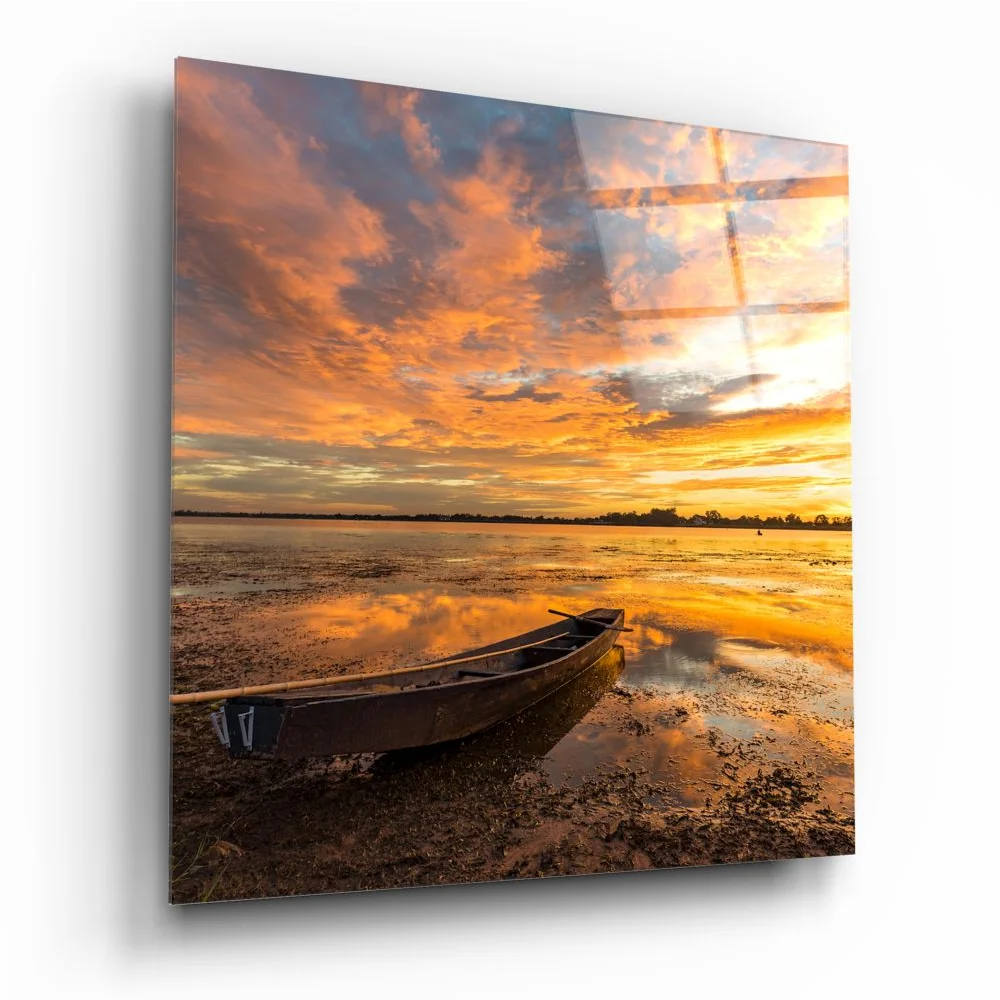 Rustic rowboat with blue rope in sunset, tempered glass art