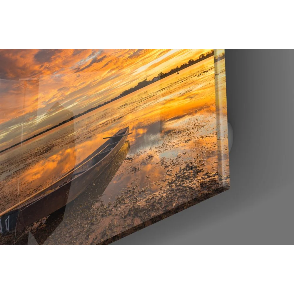 Rustic rowboat wooden canoe in orange yellow hues on tempered glass art