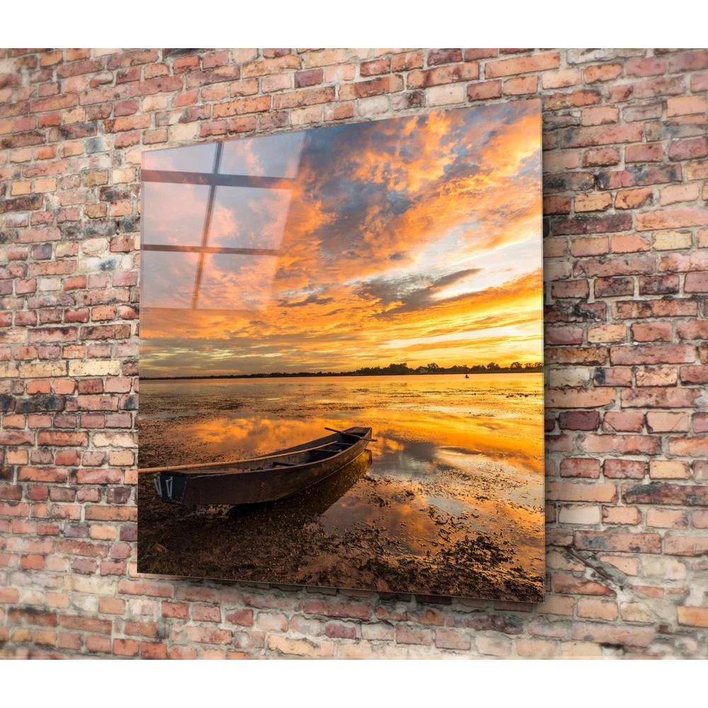 Rustic rowboat glass art on tempered glass wall panel