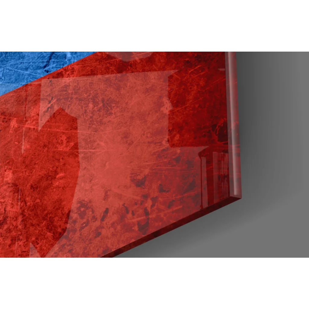 Rustic Russian flag glass wall art with red translucent marbled panel