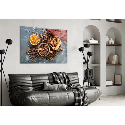Rustic spice bowl wall art print on leather sofa with checkered throw