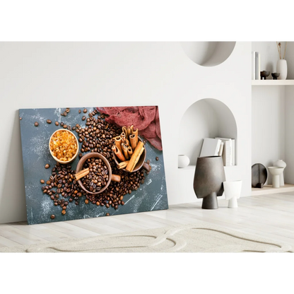 Rustic wooden spice bowls with cinnamon and coffee beans wall art print