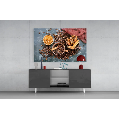 Modern gray TV stand with sleek white legs and silver accents wall art