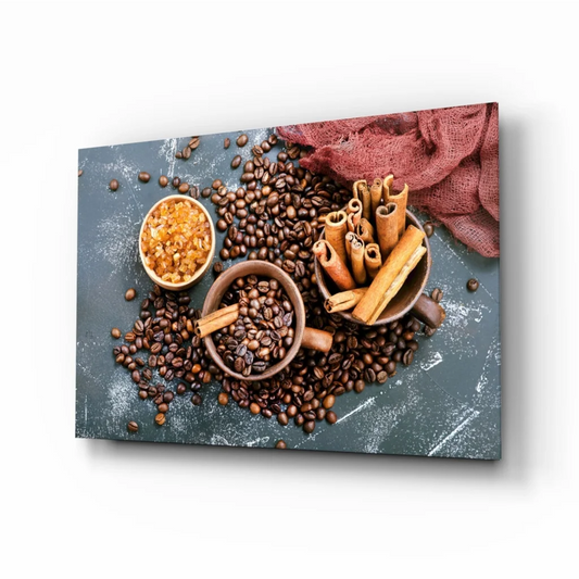 Rustic brown ceramic bowls with cinnamon sticks and sugar cubes wall art print