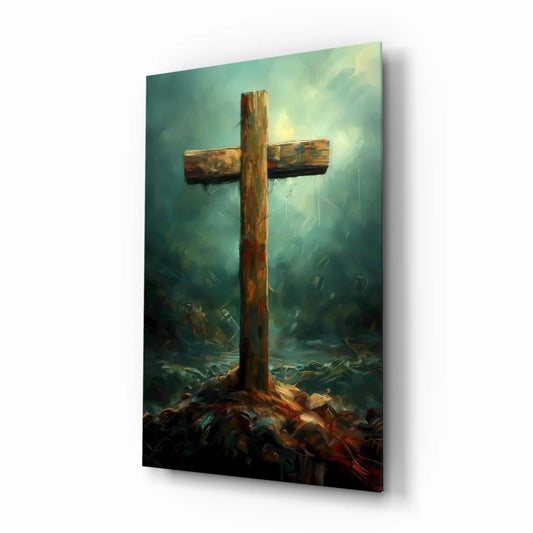Rustic wooden cross wall art with weathered earthy textures