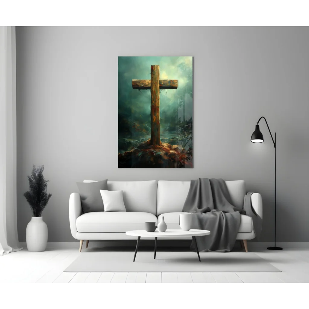 Rustic wooden cross wall art with weathered earthy textures and mossy tones