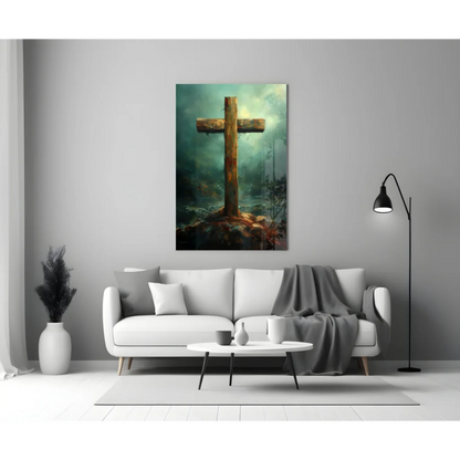 Rustic wooden cross wall art with weathered earthy textures and mossy tones
