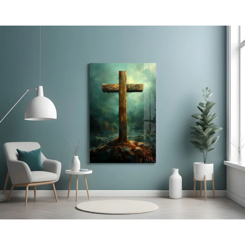 Rustic wooden cross wall art in earthy tones on blue wall