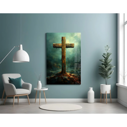 Rustic wooden cross wall art in earthy tones on blue wall