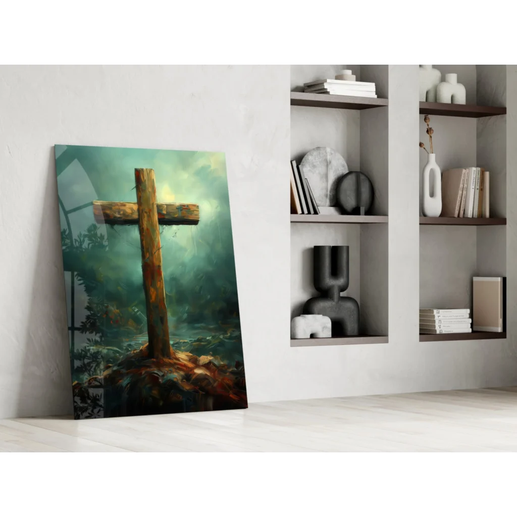 Rustic wooden cross wall art painting with misty forest backdrop