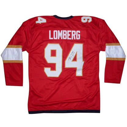 Ryan Lomberg autographed red hockey jersey with white and gold accents