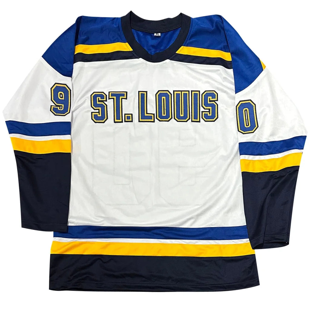 Autographed St. Louis custom hockey jersey with blue and yellow stripes