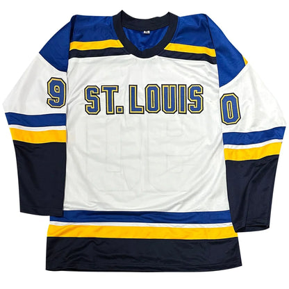 Autographed St. Louis custom hockey jersey with blue and yellow stripes