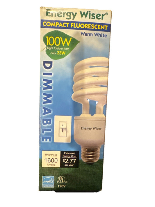 Package front showing Energy Wiser compact fluorescent bulb with cream-colored spiral bulb illustration, green leaf logo, and blue gradient background with specifications.