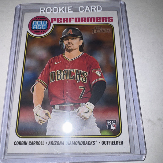 Rookie baseball card of Corbin Carroll in Arizona Diamondbacks uniform, encased in clear plastic holder, showing front design with red jersey and player photo.