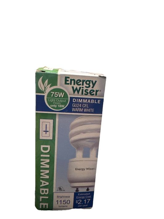 Energy Wiser CFL bulb package front showing green and blue cardboard box with product photo, specifications, and brightness details.