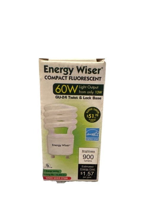 Energy Wiser compact fluorescent bulb package front displaying 60W equivalent 13W output, 900 lumens brightness, and $1.57 estimated yearly energy cost.
