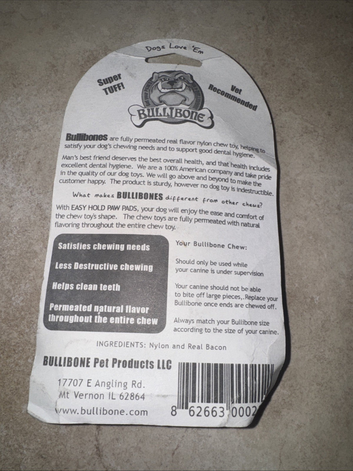 Bullibone Tuff Stuff Super Chew Small Bacon Nylon Dog Bone, USA Made