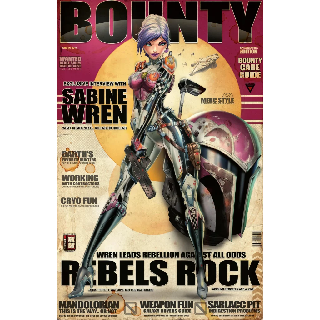 Sabine Wren bounty hunter action figure on brushed aluminum print