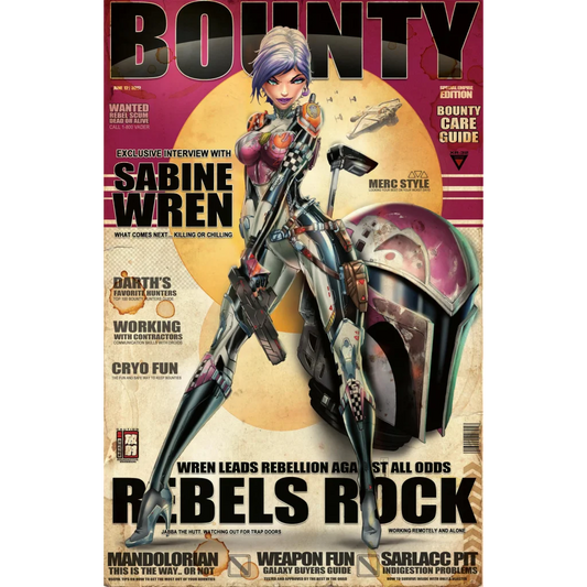 Sabine Wren bounty hunter action figure on brushed aluminum print