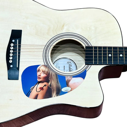 Sabrina Carpenter natural acoustic guitar with custom photo inlay and leather strap