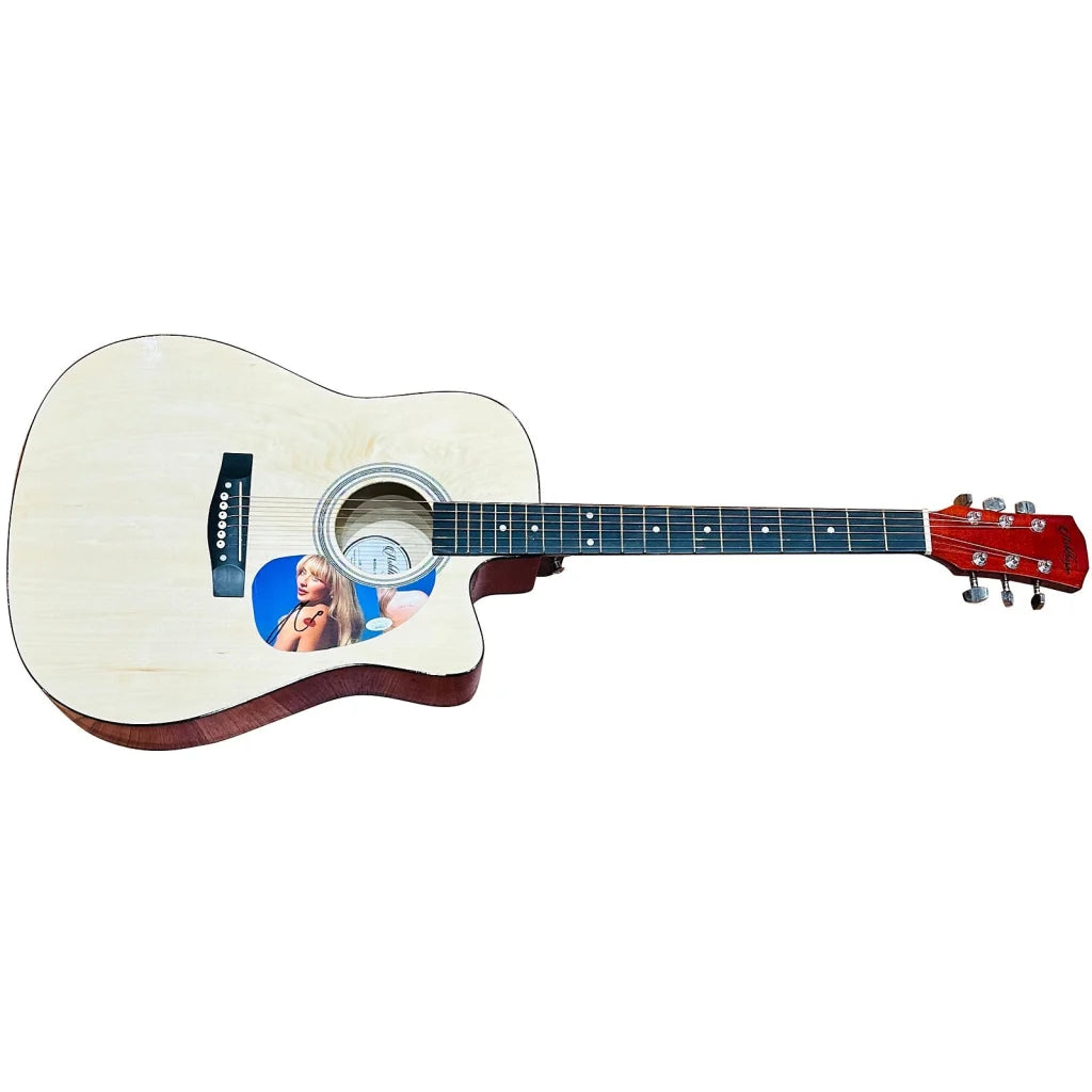 Sabrina Carpenter natural acoustic guitar with woman’s face inlay