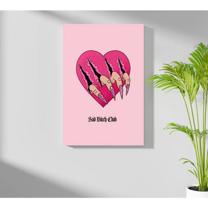 Pink heart canvas with Sad Bitch Club claw nails print
