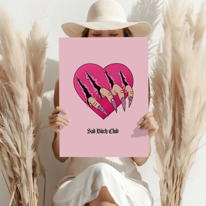 Pink Sad Bitch Club heart poster with clawed nails on aluminum print