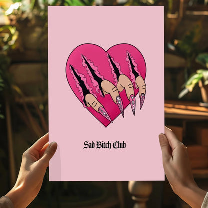 Pink Sad Bitch Club heart-shaped poster with clawed nails aluminum print