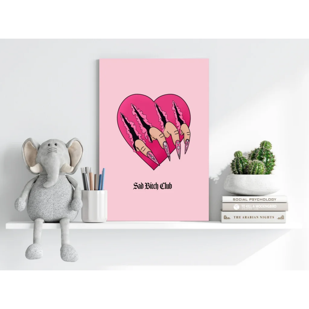 Pink Sad Bitch Club heart-shaped canvas with clawed nails print