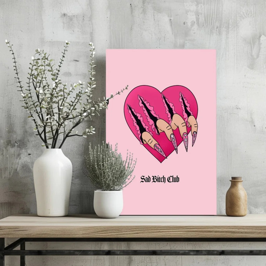 Pink Sad Bitch Club heart canvas with claw nails design