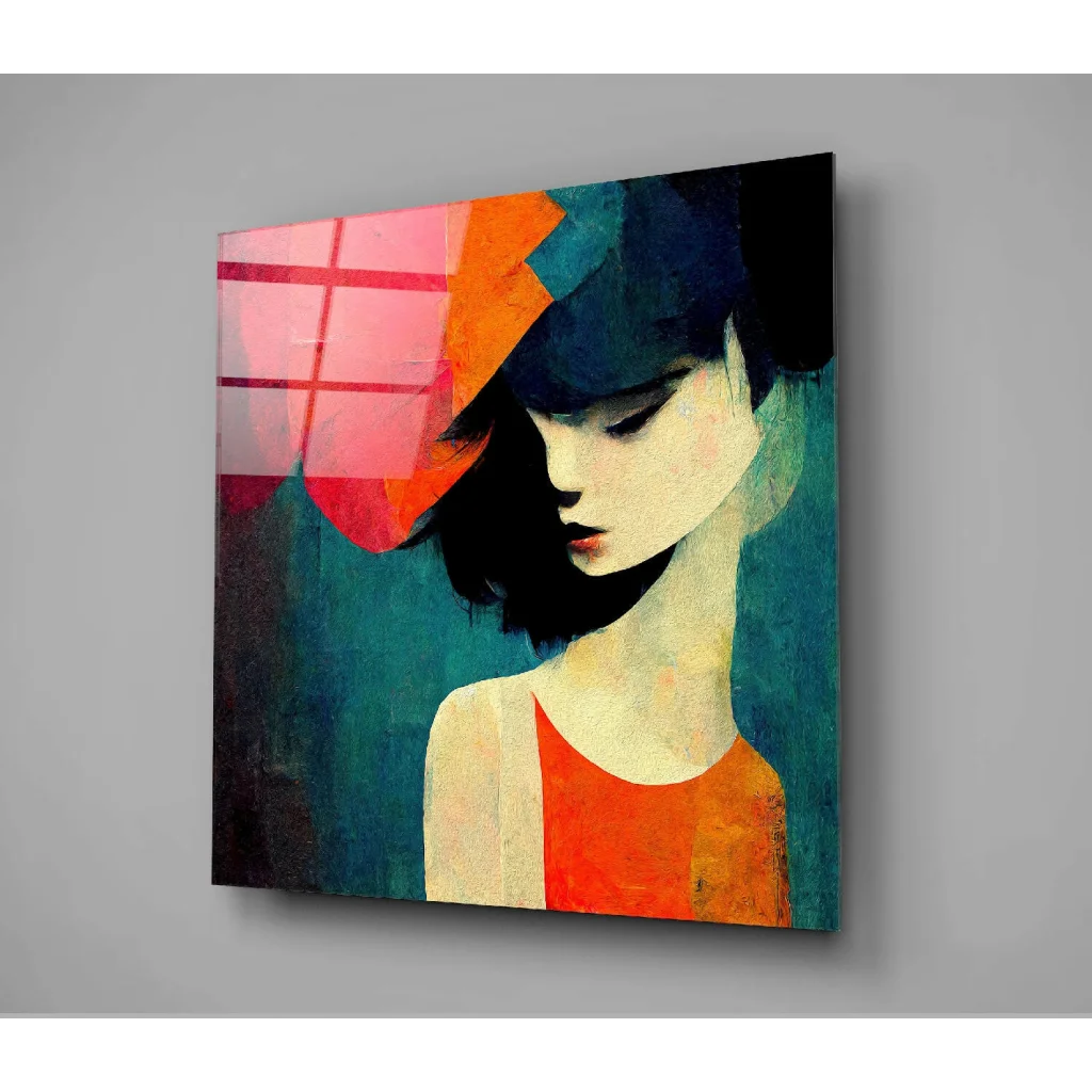 Stylized woman in orange top on teal pink abstract glass wall art canvas