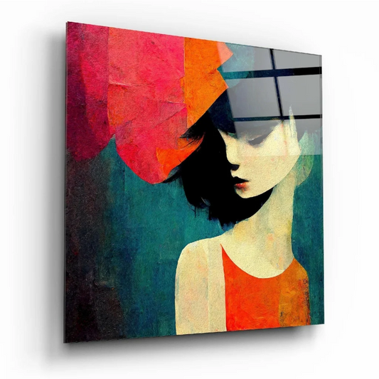 Stylized woman in red orange shapes on teal glass wall art canvas