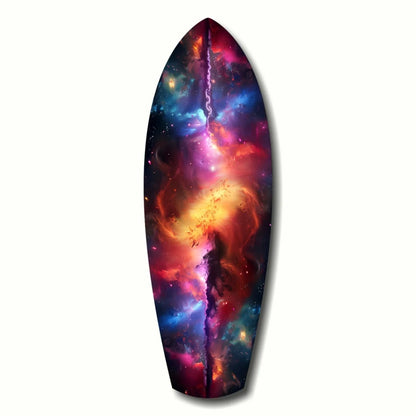 Cosmic Surfboard Tempered Glass Art with Swirling Nebula Colors | Insigneart USA | vintageantiquesgifts.com