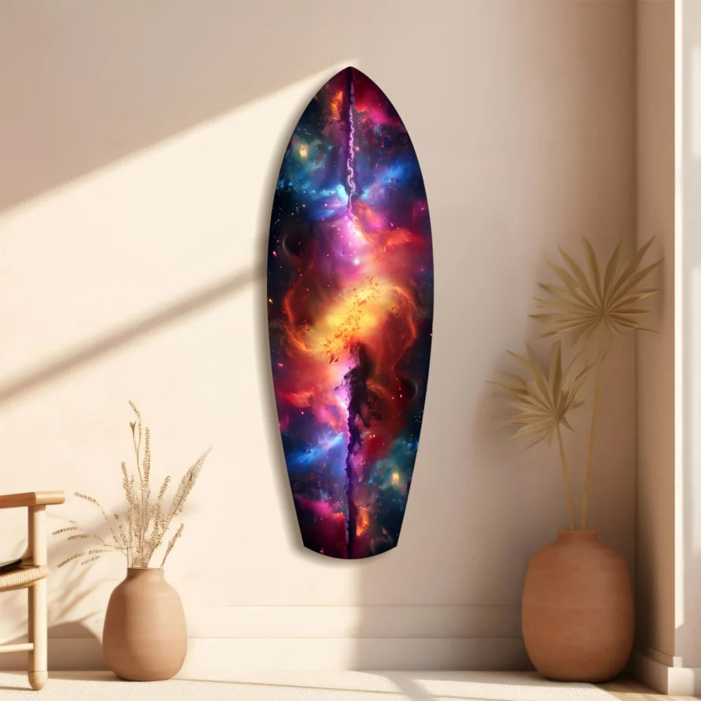 Vibrant cosmic surfboard tempered glass art with swirling nebula colors
