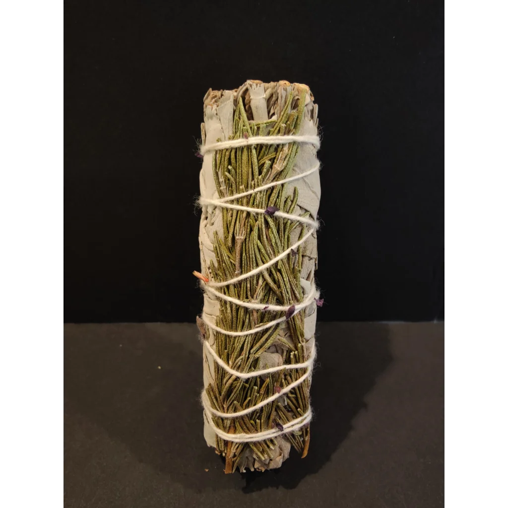 4-inch sage bundle smudge stick with gray bark and dried leaves tied in twine