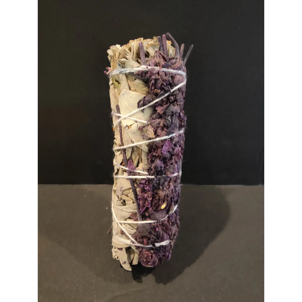4-inch sage bundle smudge stick with dried sage and purple flowers tied in white twine