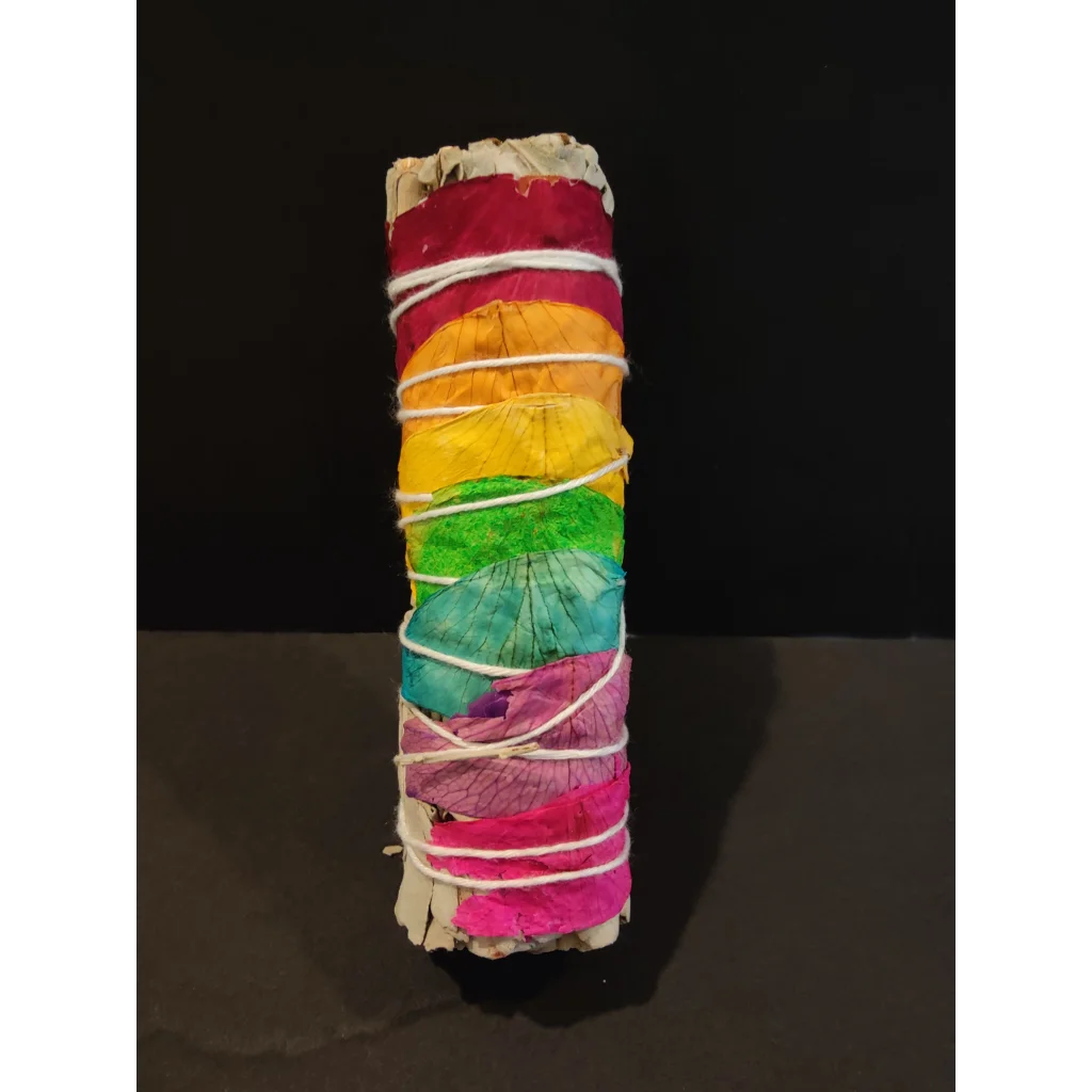 4-inch sage bundle smudge stick with rainbow petals and white twine