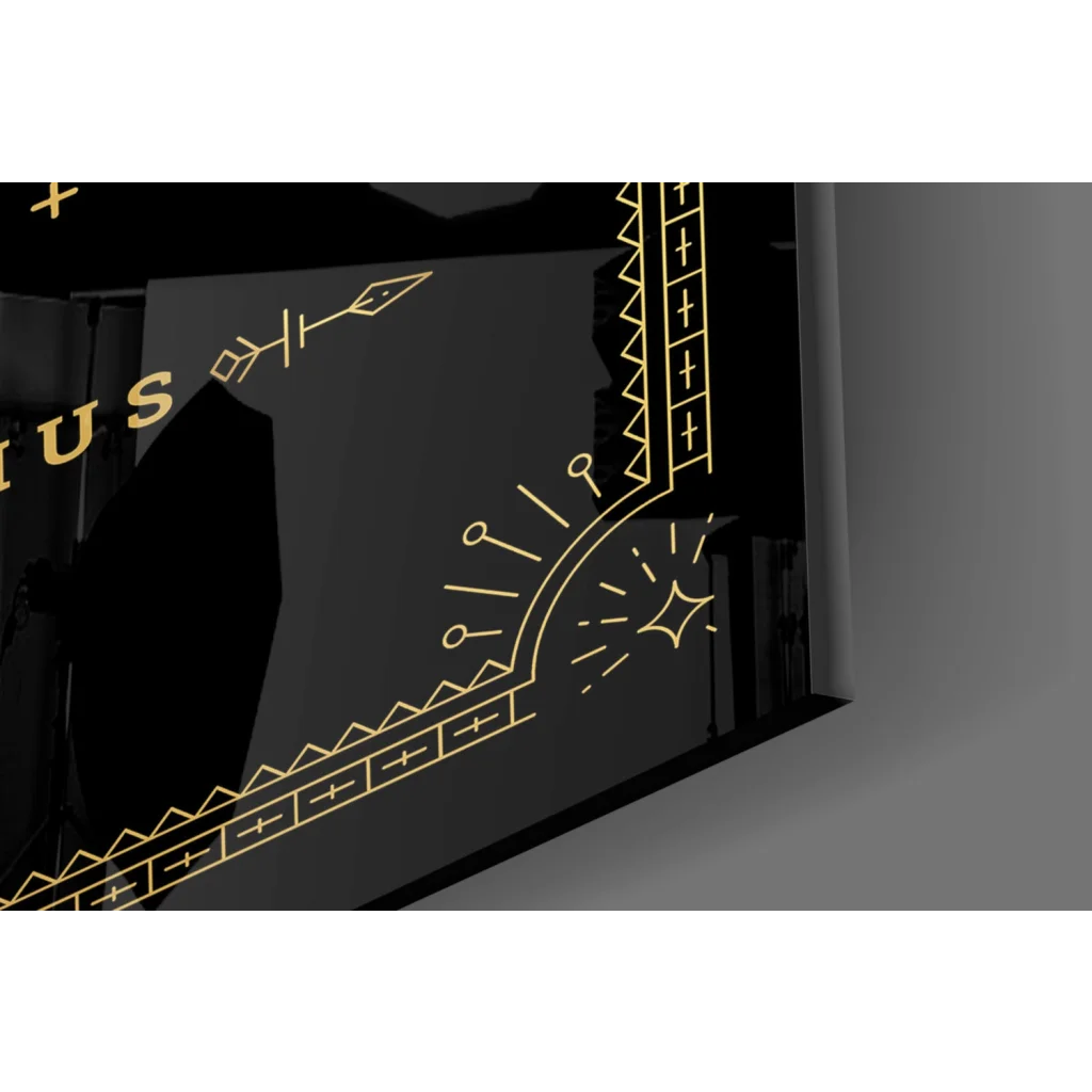 Black glossy Sagittarius gold glass wall art box with geometric motifs