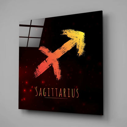 Vibrant yellow and orange Sagittarius zodiac tempered glass art with neon glow